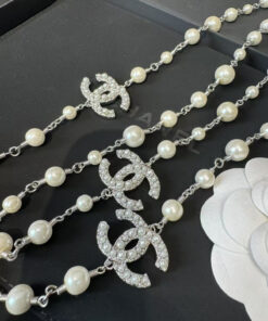 Chanel Double-CC Pearl Long Necklace Silver Hardware For Women - Image 3
