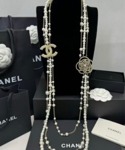 Chanel Multilayered Pearl And Camellia Long Necklace Gold Hardware For Women - Image 10