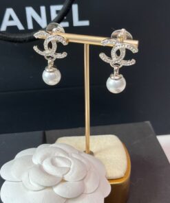 Chanel Shaped Pearl Letter Earrings Light Rose Gold For Women