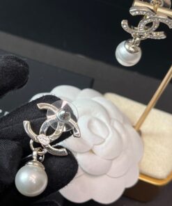 Alternative view of Chanel Shaped Pearl Letter Earrings Light Rose Gold For Women
