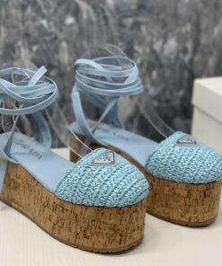 Prada Crochet Wedge Sandals Light Blue For Women