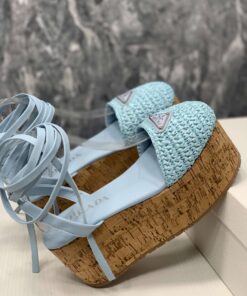 Prada Crochet Wedge Sandals Light Blue For Women - Image 9