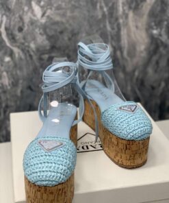 Prada Crochet Wedge Sandals Light Blue For Women - Image 8