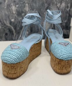 Prada Crochet Wedge Sandals Light Blue For Women - Image 7