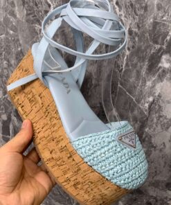 Prada Crochet Wedge Sandals Light Blue For Women - Image 6