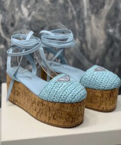 Prada Crochet Wedge Sandals Light Blue For Women - Image 5