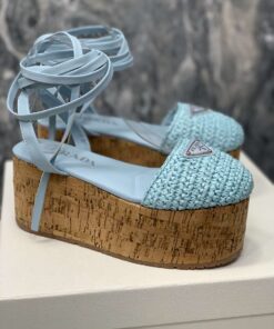 Prada Crochet Wedge Sandals Light Blue For Women - Image 4