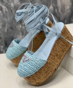 Prada Crochet Wedge Sandals Light Blue For Women - Image 3