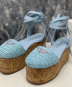Alternative view of Prada Crochet Wedge Sandals Light Blue For Women