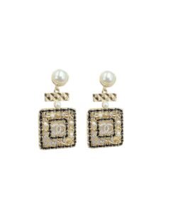 Chanel Douple Black Border Square Frame Earrings Gold Tone For Women