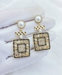 Alternative view of Chanel Douple Black Border Square Frame Earrings Gold Tone For Women