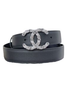 Chanel Shiny Silver Tone Chain Interlocking C Belt Black For Women