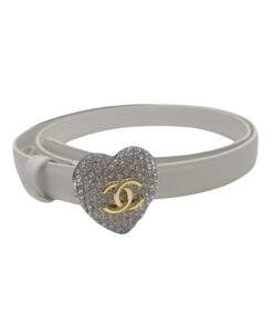 Chanel CC Silver Tone Heart Buckle Belt White For Women