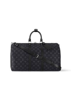 Louis Vuitton Keepall Bandouliere 45 Travel Bag 17.7in/ 45cm Black Monogram Eclipse Silver Hardware M40569