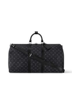 Louis Vuitton Keepall Bandouliere 55 Travel Bag 21.7in/ 55cm Black Monogram Eclipse Silver Hardware M40605