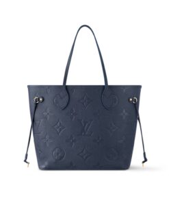 Louis Vuitton Neverfull MM Tote Bag 12.2in/ 31cm Navy Blue Monogram Empreinte Gold Hardware For Women M47143