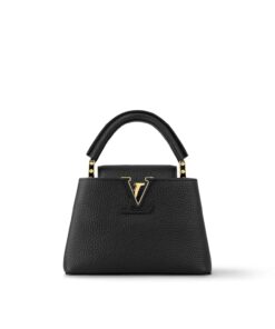 Louis Vuitton Capucines Mini Taurillon Top Handle Bag 8.3in/ 21cm Black Gold Hardware For Women