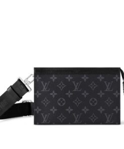 Louis Vuitton Pochette Gaston Wearable Wallet Shoulder Bag 8.7in/ 22cm Black Monogram Eclipse Canvas Silver Hardware For Men M81124