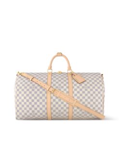 Louis Vuitton Keepall Bandouliere 55 Travel Bag 21.7in/ 55cm Damier Azur Gold Hardware N41429