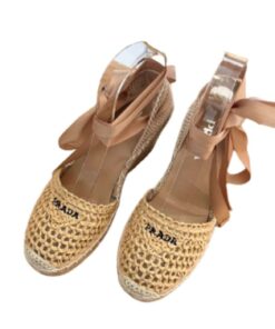 Prada Linen Espadrille Wedge Sandals Beige