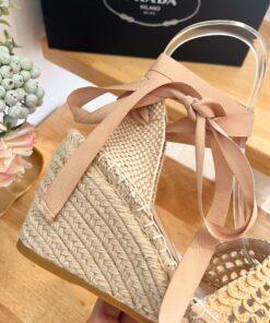 Prada Linen Espadrille Wedge Sandals Beige - Image 6