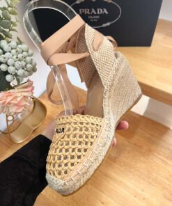 Prada Linen Espadrille Wedge Sandals Beige - Image 5