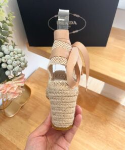 Prada Linen Espadrille Wedge Sandals Beige - Image 4