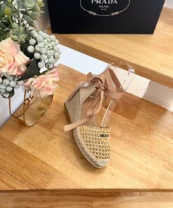 Prada Linen Espadrille Wedge Sandals Beige - Image 3