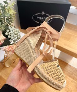 Prada Linen Espadrille Wedge Sandals Beige - Image 7