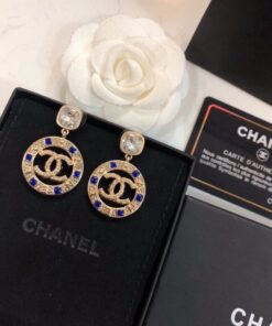 Chanel Small Dark Blue Stone Earrings Gold Tone For Women