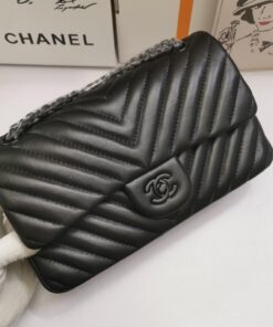 Chanel Chevron Classic Crossbody Bag 10in/ 25.5cm Black Black Hardware For Women
