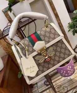 Gucci Queen Margaret GG Small Top Handle Bag 10in/ 26cm Beige And Ebony GG Supreme Canvas For Women GG 476541