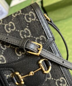 Gucci Horsebit 1955 Mini Bag Black And Ivory GG Denim Jacquard For Women 6.7in/17cm 625615 UN3BG 1274 - Image 4
