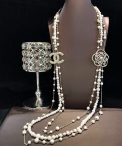Chanel Multilayered Pearl And Camellia Long Necklace Gold Hardware For Women