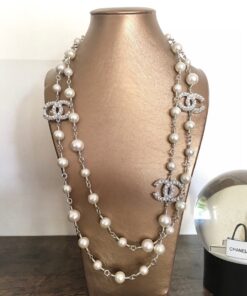 Chanel Double-CC Pearl Long Necklace Silver Hardware For Women