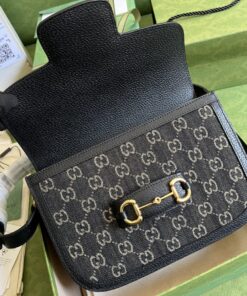 Gucci Horsebit 1955 Shoulder Bag Black And Ivory GG Denim Jacquard For Women 9.8in/25cm 602204 UN3BG 1274 - Image 5