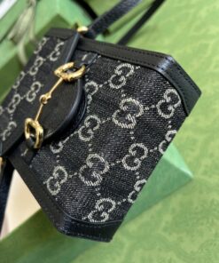 Gucci Horsebit 1955 Mini Bag Black And Ivory GG Denim Jacquard For Women 6.7in/17cm 625615 UN3BG 1274 - Image 3