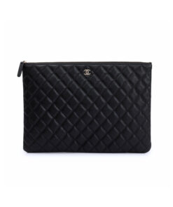 Chanel CO-CO Classic Pouch 27cm/10.6in Silver Toned Hardware For Women Black