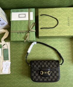 Gucci Horsebit 1955 Shoulder Bag Black And Ivory GG Denim Jacquard For Women 9.8in/25cm 602204 UN3BG 1274 - Image 4