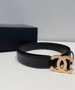 Chanel Gold Tone Interlocking C Buckle 32mm Belt Black For Women