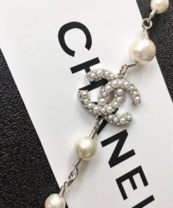 Chanel Double-CC Pearl Long Necklace Silver Hardware For Women - Image 7