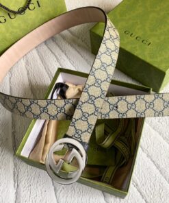 Gucci GG Supreme Belt With G Buckle Beige/Blue, Women Belt 411924 KGDHN 4075