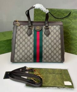 Gucci Ophidia Medium Top Handle Bag 13in/ 33cm Beige/Ebony Supreme Canvas Gold Hardware For Women 524537 K05NB 8745