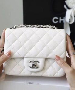 Chanel Classic Flap Bag Mini Crossbody 6.6in/ 17cm White Silver Hardware For Women - Image 18