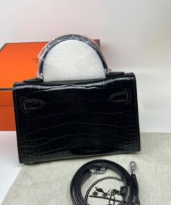 Hermes Kelly Mini 19 Top Handle Bag 7.5in/ 19cm Black Silver Hardware For Women - Image 10