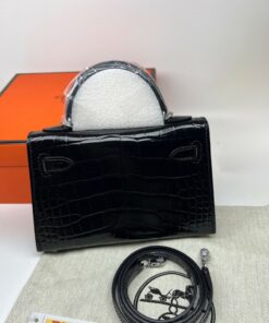 Hermes Kelly Mini 19 Top Handle Bag 7.5in/ 19cm Black Silver Hardware For Women - Image 12