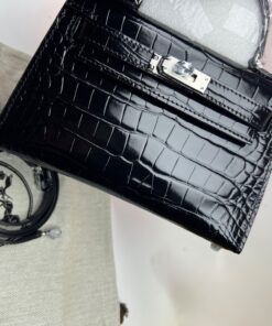 Hermes Kelly Mini 19 Top Handle Bag 7.5in/ 19cm Black Silver Hardware For Women - Image 9