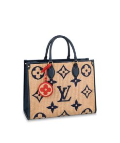 Louis Vuitton Onthego MM Tote Bag 13.8in/ 35cm Natural/ Navy Raffia Gold Hardware For Women M57723