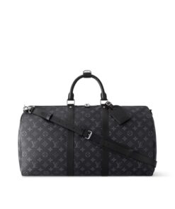 Louis Vuitton Keepall Bandouliere 50 Travel Bag 19.7in/ 50cm Black Monogram Eclipse Silver Hardware M14202