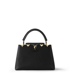 Louis Vuitton Capucines MM Top Handle Bag 12.4in/ 31.5cm Black Gold Hardware For Women M54663
